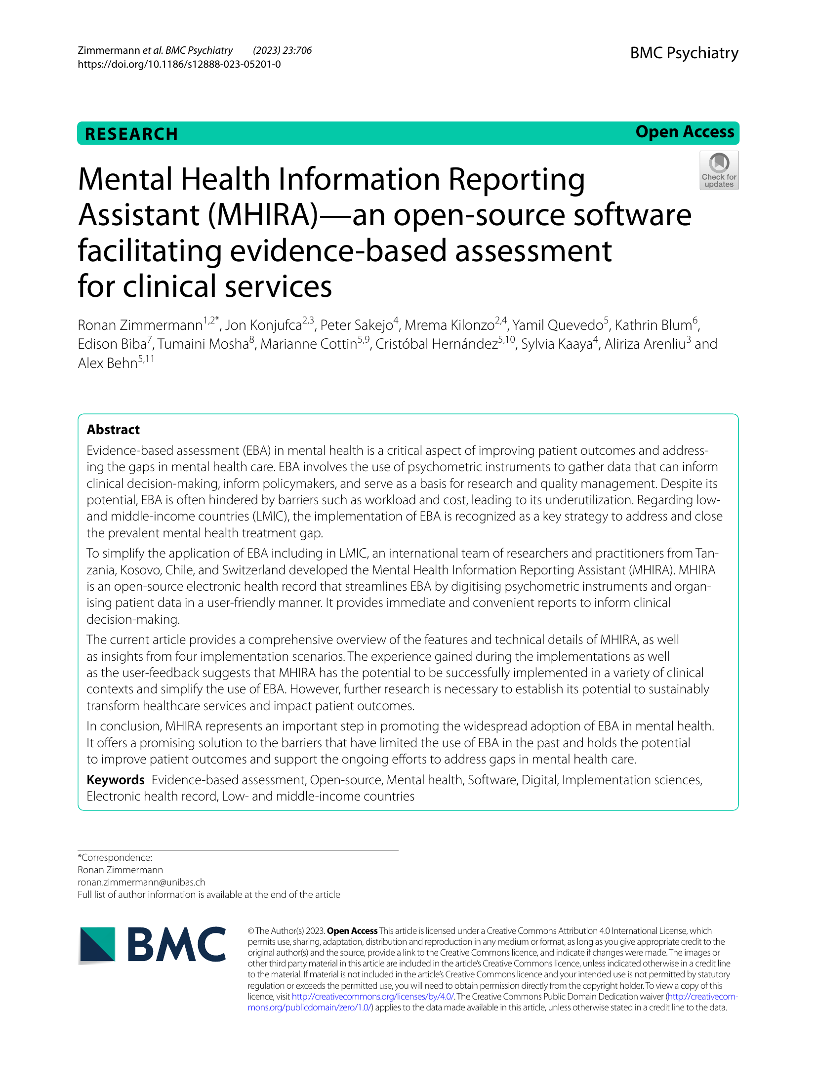 First page of the BMC Psychiatry research article 'Mental Health Information Reporting Assistant (MHIRA) — an open-source software facilitating evidence-based assessment for clinical services' by Zimmermann et al., 2023.